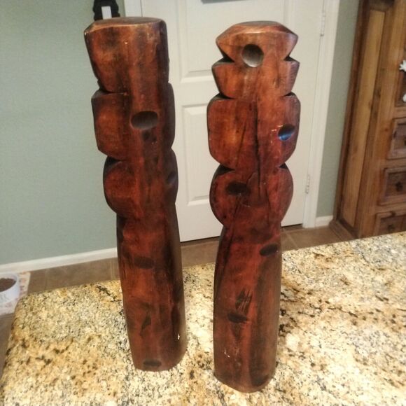 Vintage Korean Miniature Wooden Tiki Totem Pole Guardian Jangseung Figures 14" - Picture 4 of 9